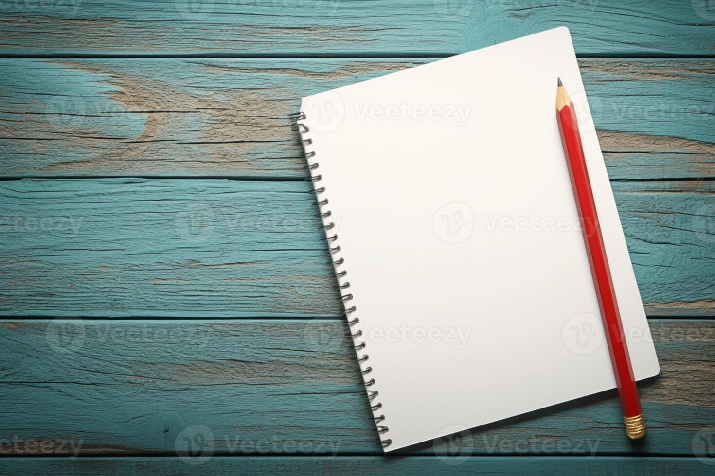 ai généré organisé Planification bloc-notes et rouge crayon sur bleu en bois table photo