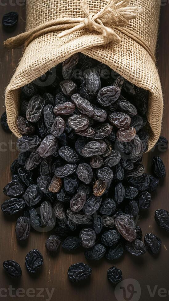 ai généré Naturel douceur noir raisins secs dans toile de jute sac sur rustique Contexte verticale mobile fond d'écran photo
