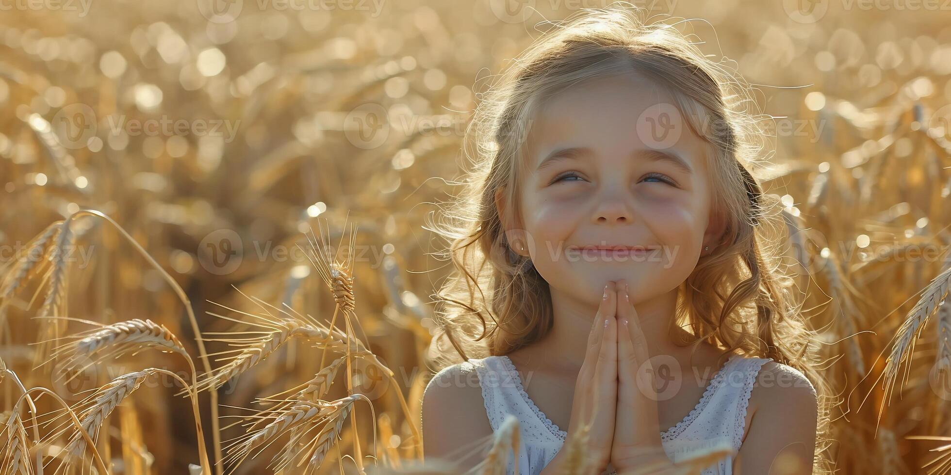 ai généré mignonne content peu fille prie dans blé champ photo