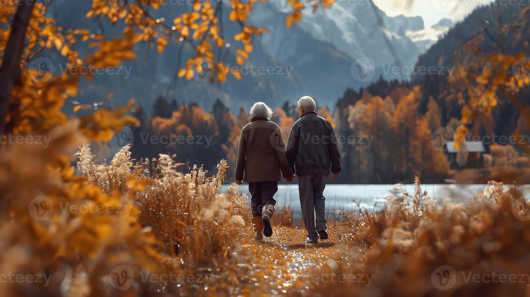 ai généré arrière vue de couple tandis que randonnée photo