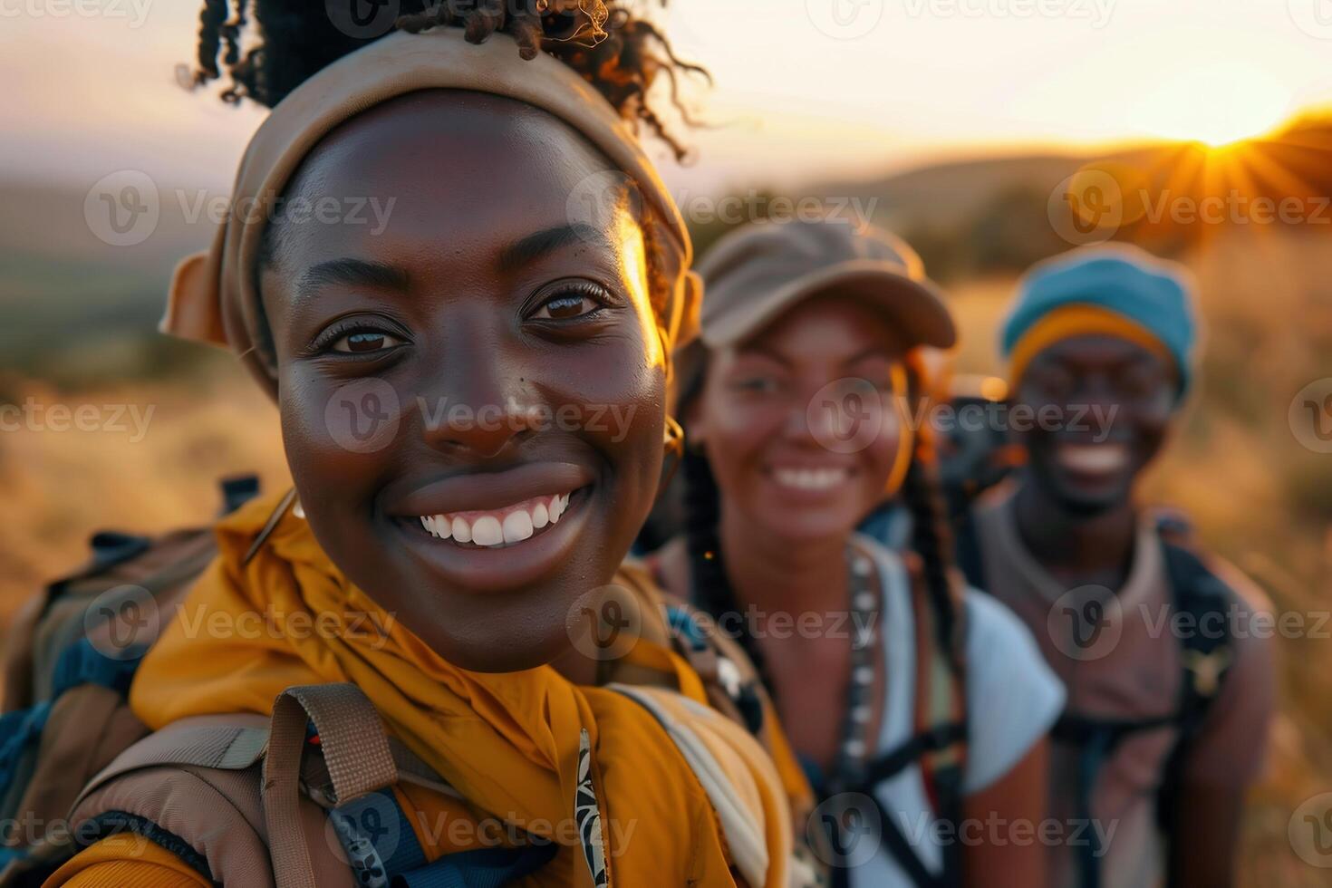 ai généré Jeune noir copains prise une promenade et vérification en dehors des choses sur leur les smartphones photo