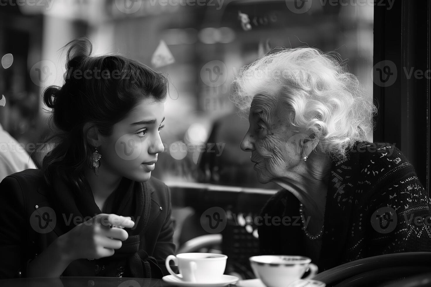 ai généré personnes âgées grand-mère avec sa peu petite fille. noir et blanc portrait. photo