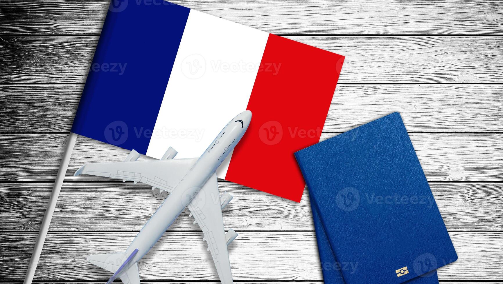 illustration de une passager avion en volant plus de le drapeau de France. concept de tourisme et Voyage photo