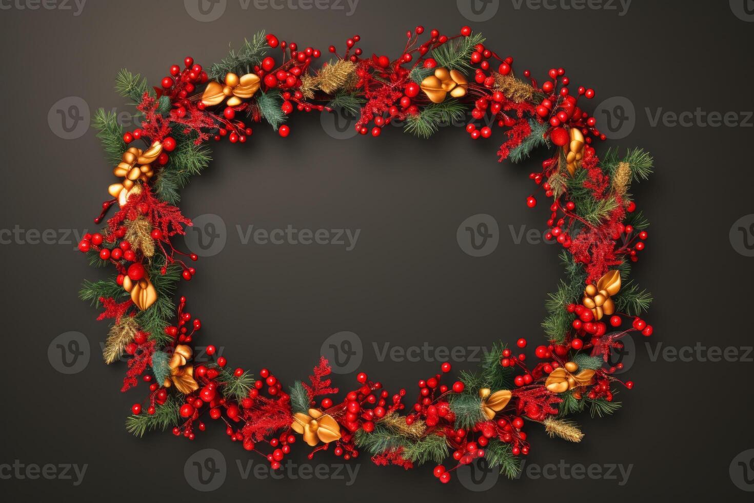 ai généré de fête Noël couronne orné avec rouge baies et d'or cloches. génératif ai photo