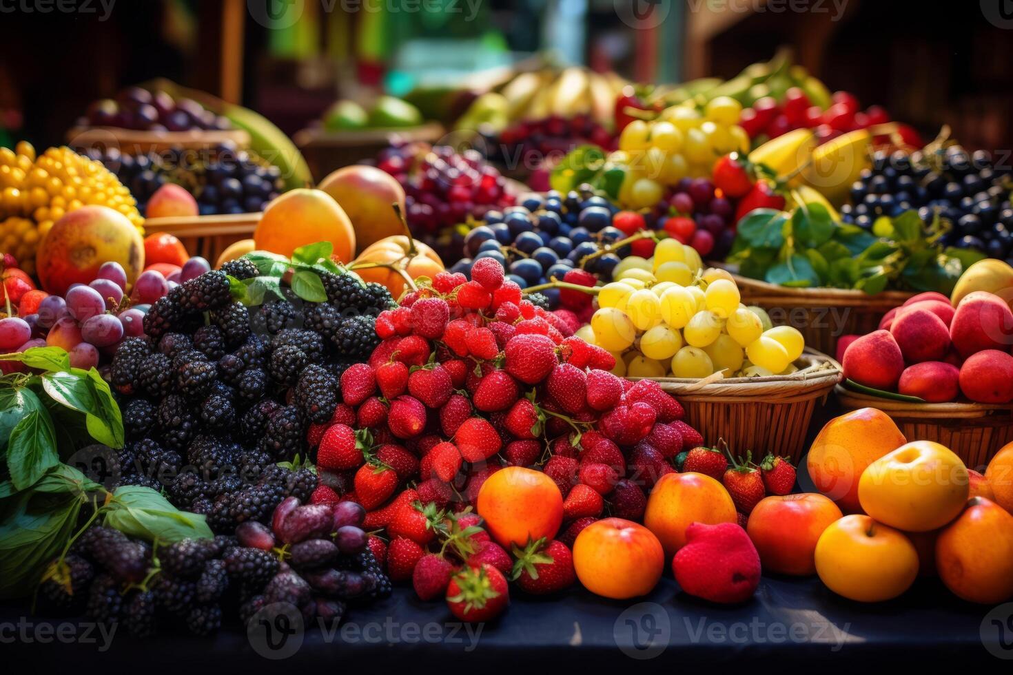 ai généré une table couvert dans coloré fruit à une Les agriculteurs marché. génératif ai photo