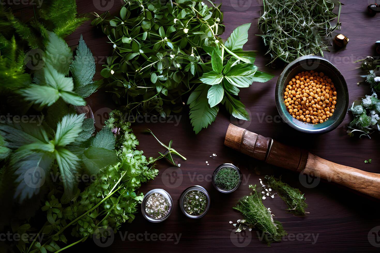 ai généré à base de plantes et médical les plantes sont arrangé sur une en bois table photo