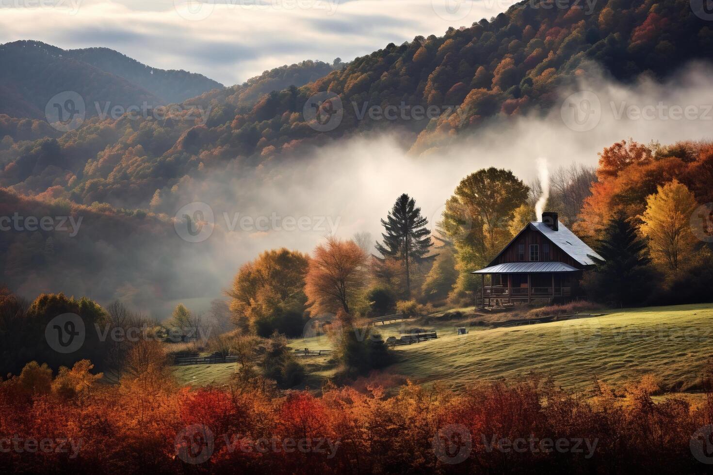 ai généré une pittoresque coup de une cabine niché dans une vallée, entouré par roulant collines orné avec tomber feuillage, invoquer une sens de l'automne retraite. génératif ai photo