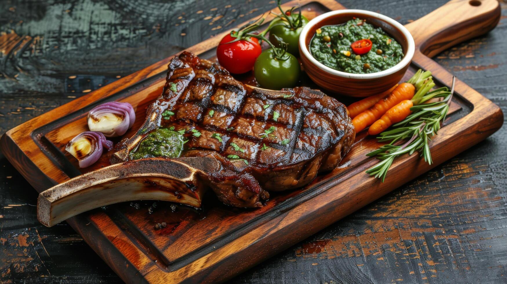 ai généré juteux steak avec des légumes sur Coupe planche photo