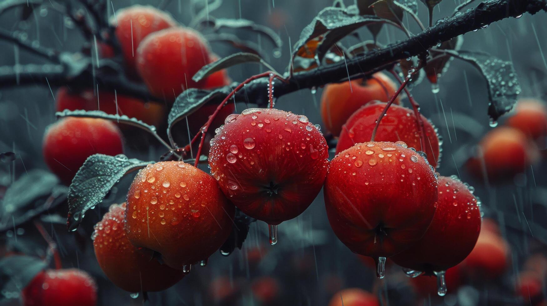 ai généré rouge pommes pendaison de arbre dans pluie photo