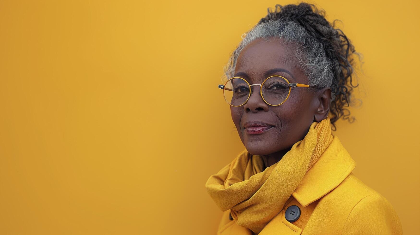 ai généré femme dans Jaune manteau portant des lunettes photo