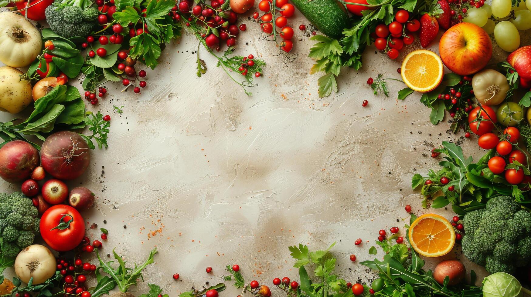 ai généré assorti des fruits et des légumes arrangé dans une cercle photo