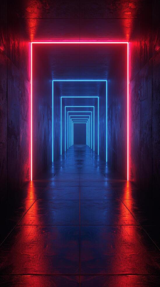 ai généré longue couloir avec rouge et bleu lumières photo