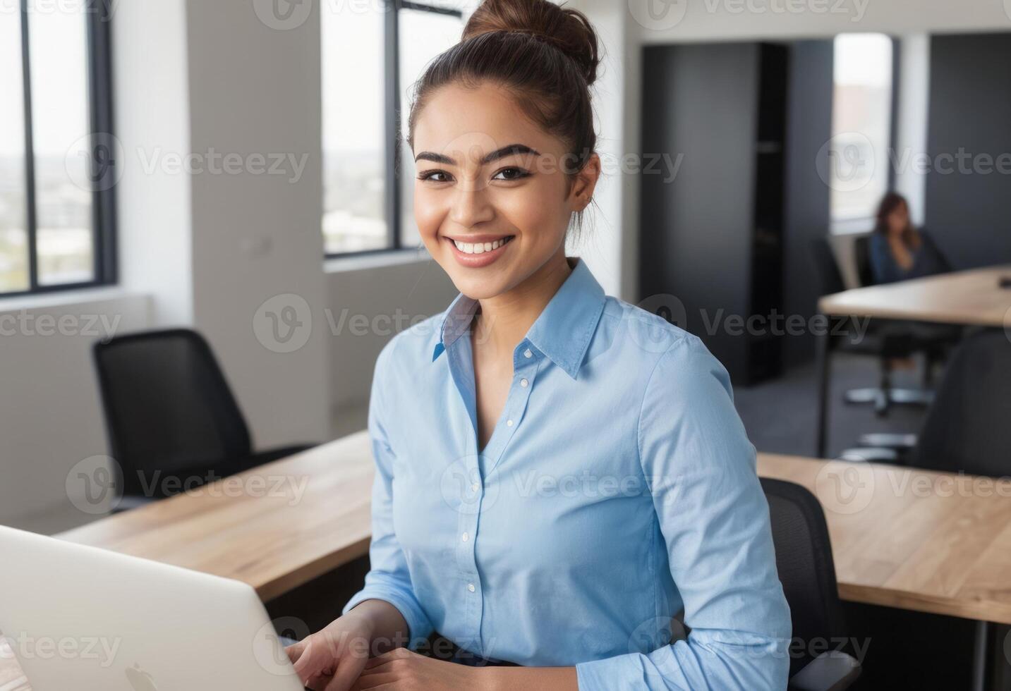 ai généré amical femme dans bleu chemise travail sur sa portable dans le bureau. brillant et engagé professionnel paramètre. photo