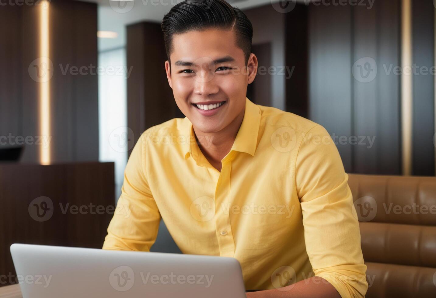 ai généré une professionnel homme dans une brillant Jaune chemise travaux sur le sien portable dans une vibrant espace de travail. le sien radiant sourire reflète une positif et énergique travail atmosphère. photo