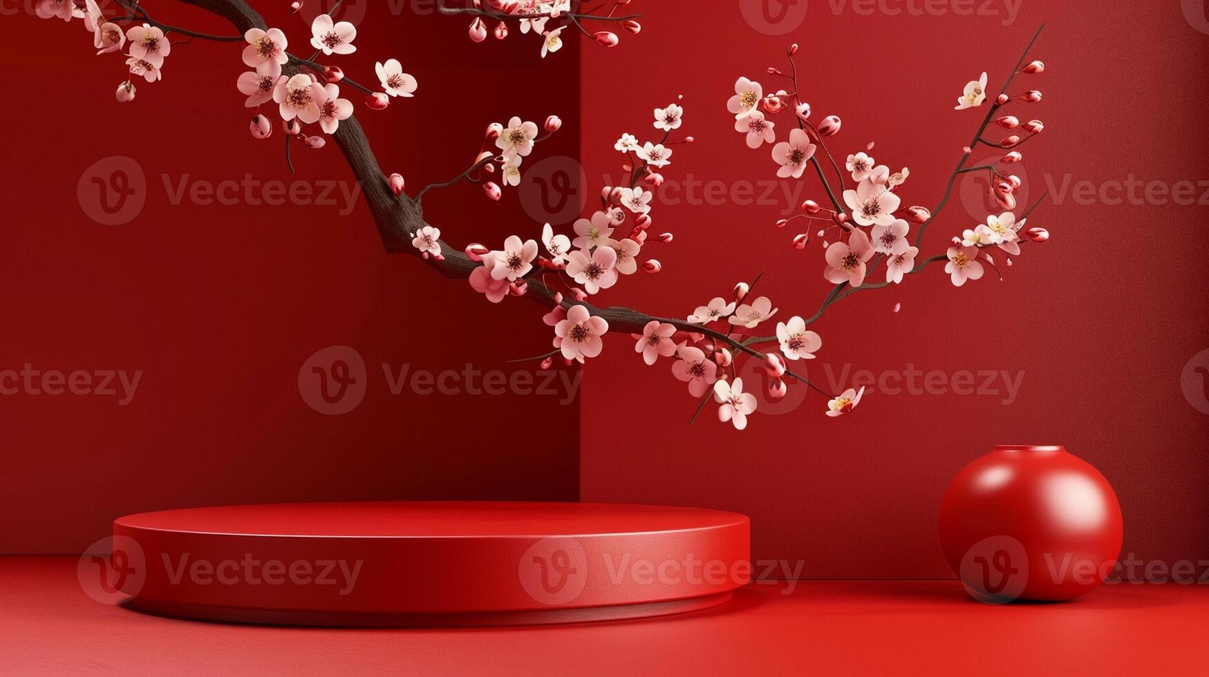 ai généré un élégant rouge podium conception avec une épanouissement arbre branche photo