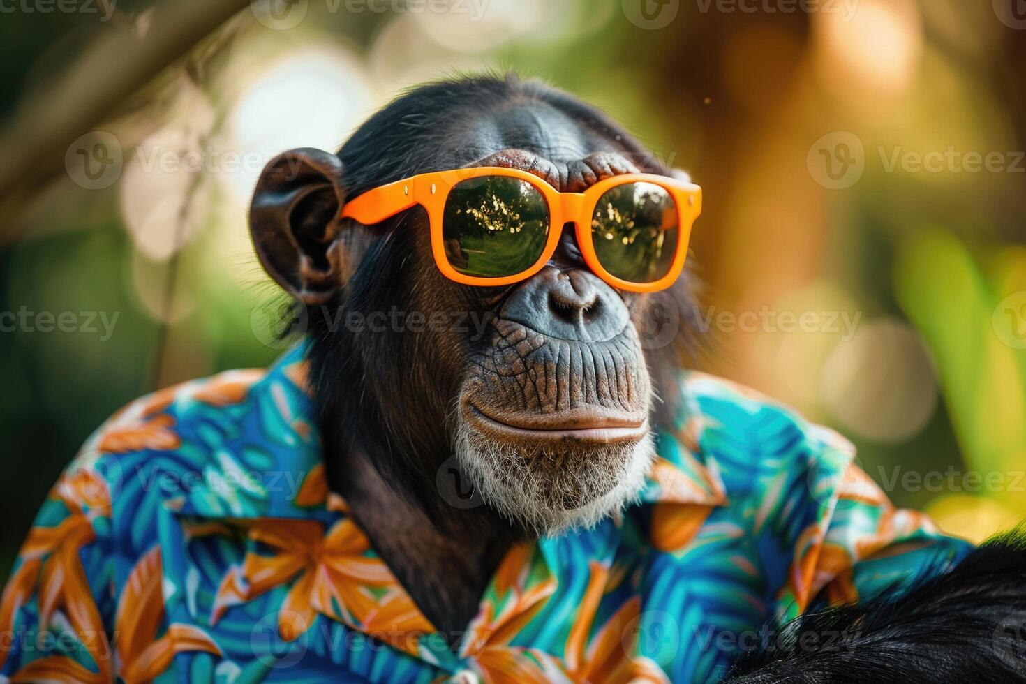 ai généré une élégant chimpanzé enfiler Orange des lunettes de soleil et une vibrant hawaïen chemise photo