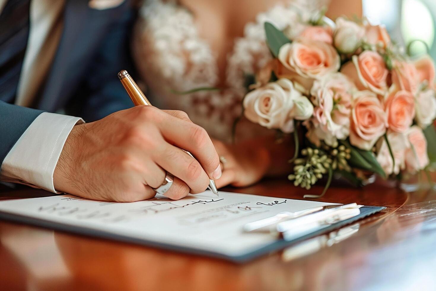 ai généré une fermer de une la mariée et mariés mains comme elles ou ils signe leur mariage certificat symbolisant engagement et une Nouveau début photo