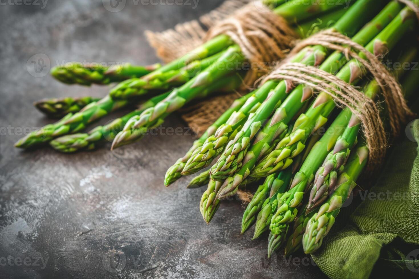 ai généré une bouquet de Frais vert asperges lié avec rustique ficelle sur une texturé Contexte photo