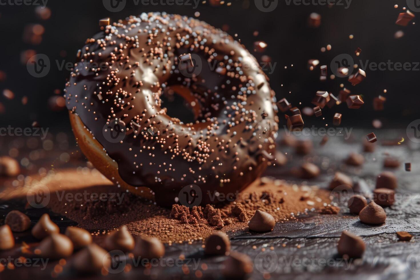 ai généré Chocolat givré Donut avec arrose dessert sucré Pâtisserie casse-croûte gourmet sur une en bois surface photo