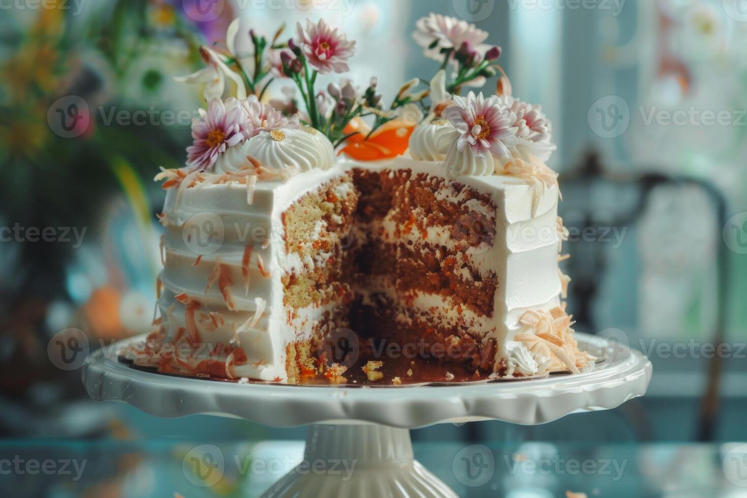 ai généré carotte gâteau avec Glaçage et fleurs sur une assiette révèle gourmet dessert indulgence photo