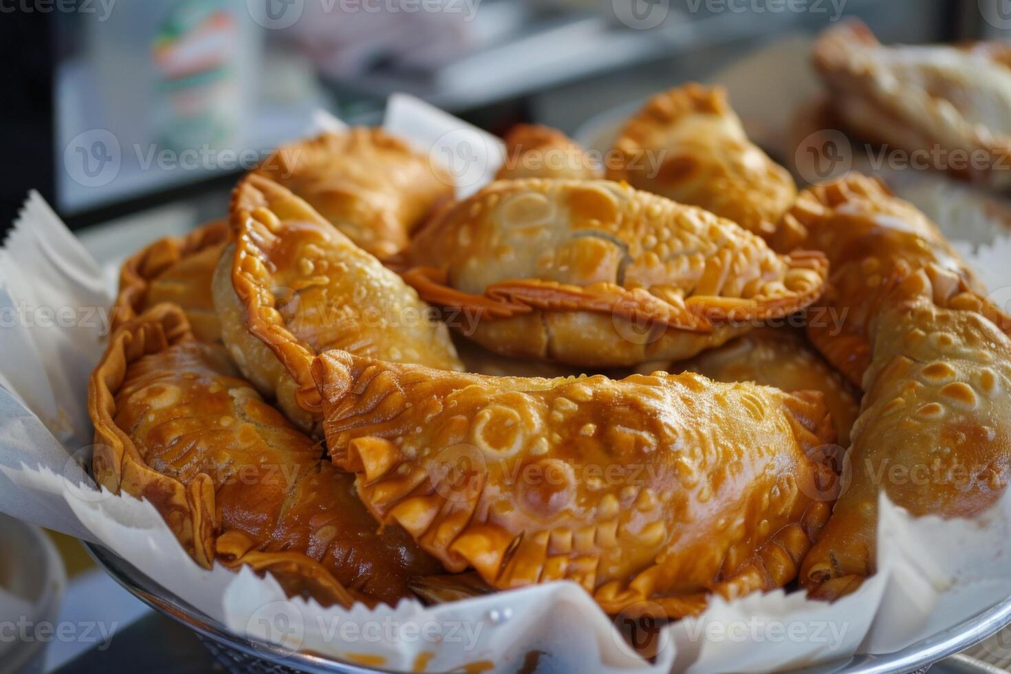 ai généré d'or Empanadas des pâtisseries cuit nourriture casse-croûte avec traditionnel croûte dans une assiette photo