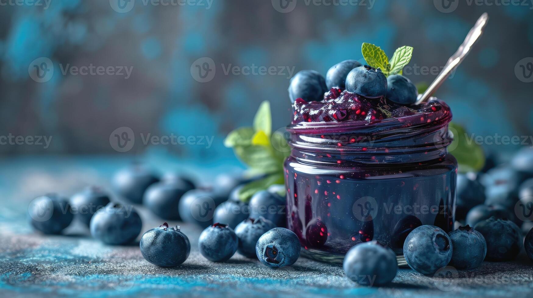 ai généré pot de myrtille confiture entouré par Frais baies sur une bleu Contexte photo