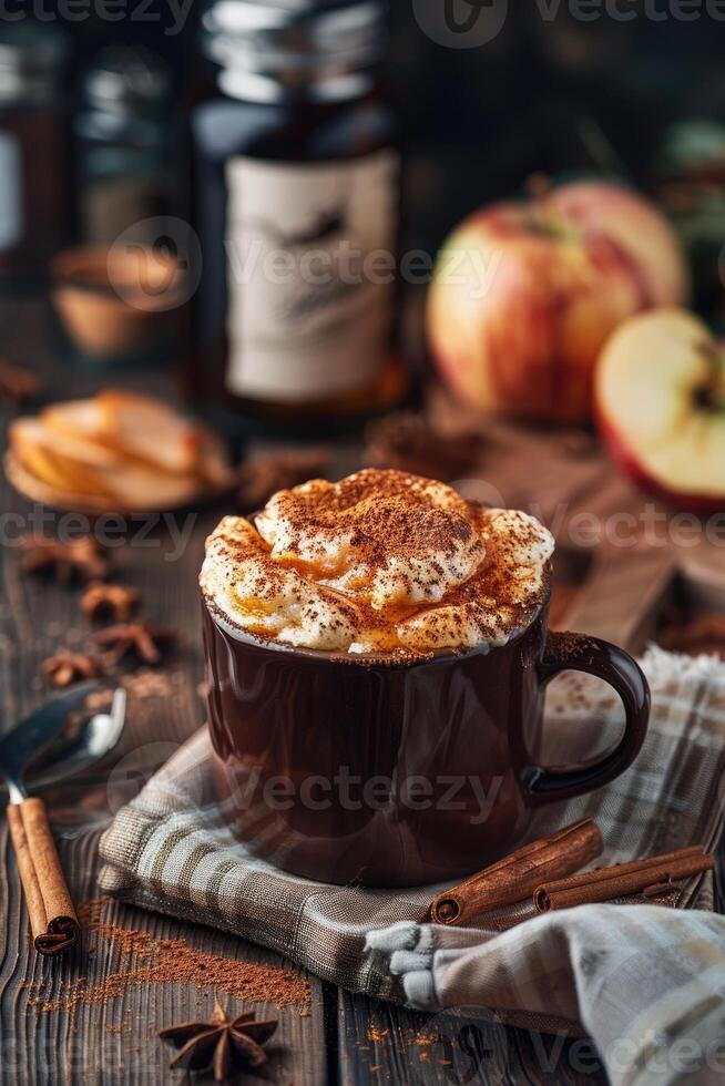 ai généré cannelle Pomme latté café dans une agresser avec cannelle des bâtons suivant à il et pommes dans le Contexte photo