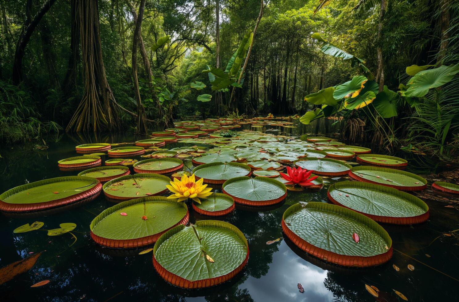 ai généré forêt étang avec géant fleurs de lys photo