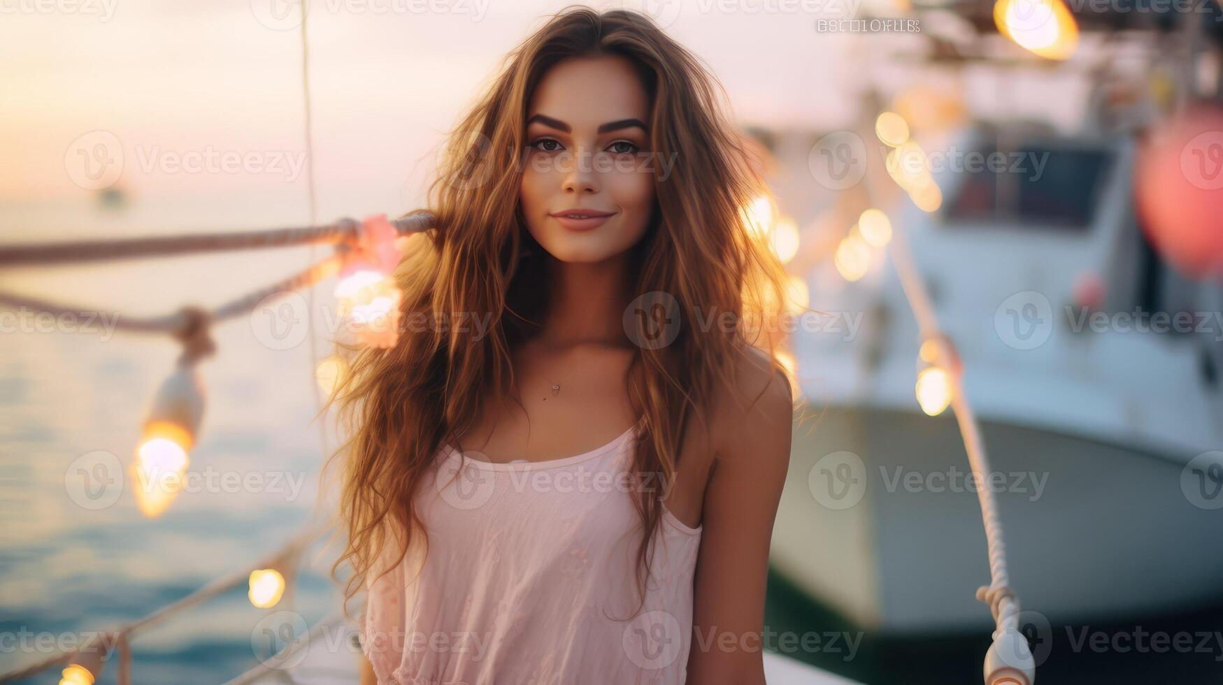 ai généré luxe fille à bateau. femme Voyage à yacht, été vacances croisière. attrayant beauté personnes, femelle modèle. ai généré photo