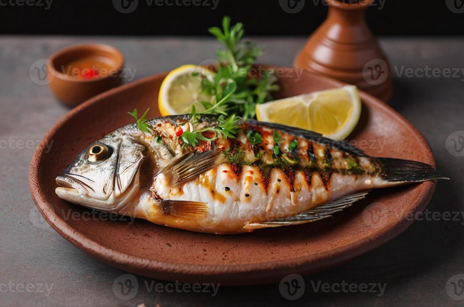 ai généré grillé poisson servi sur argile assiette sur une table avec copie espace zone photo