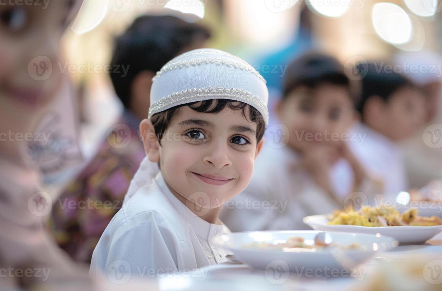 ai généré famille ayant le déjeuner ensemble pendant Ramadan photo