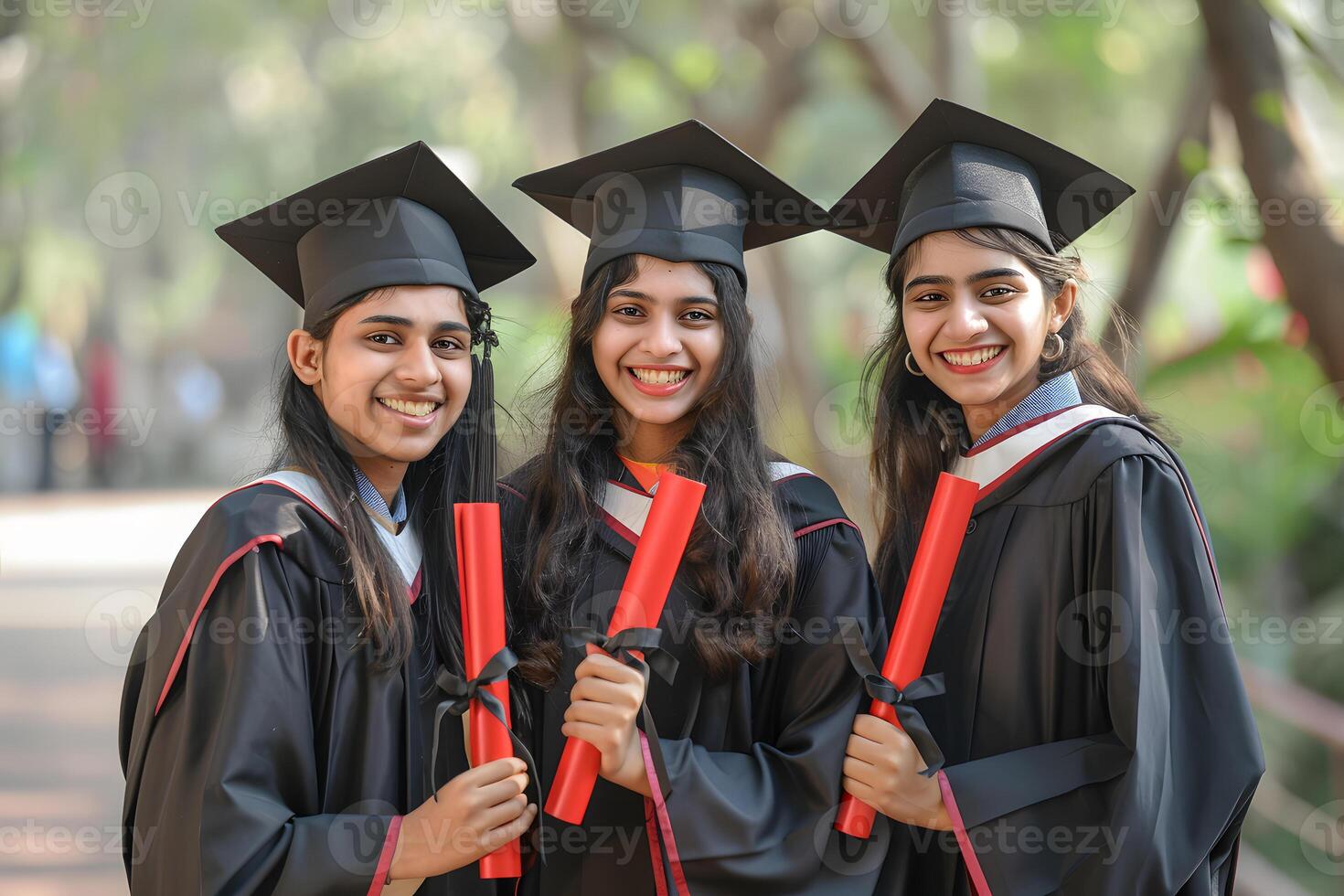 ai généré portrait de content Indien Université élèves portant l'obtention du diplôme robe et mortier photo