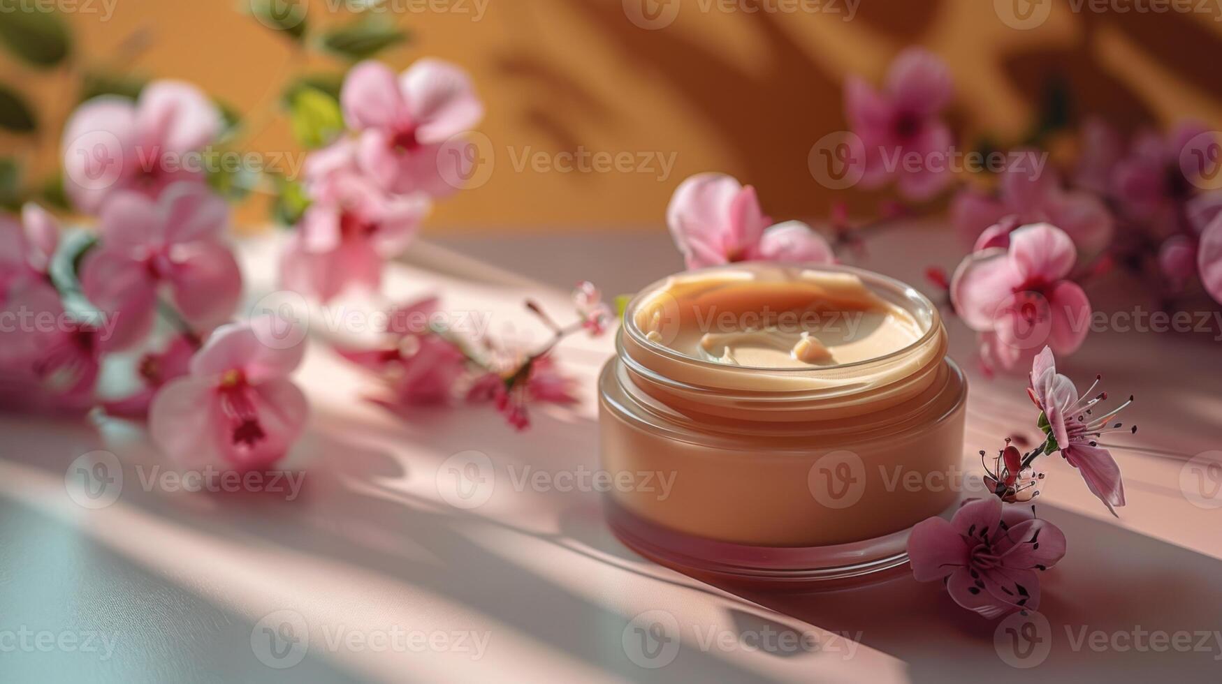 ai généré élégant soin de la peau crème dans une couleur pêche pot entouré par délicat Cerise fleurs, incorporant sérénité et luxe. photo