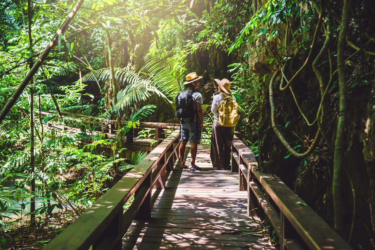 couple asiatique heureux de voyager dans la forêt de mangrove. voyage en marchant sur un pont en bois. sentier nature, cascade de thanbok, loisirs, voyage, sacs à dos, nature, tourisme, campagne, style, forêt photo