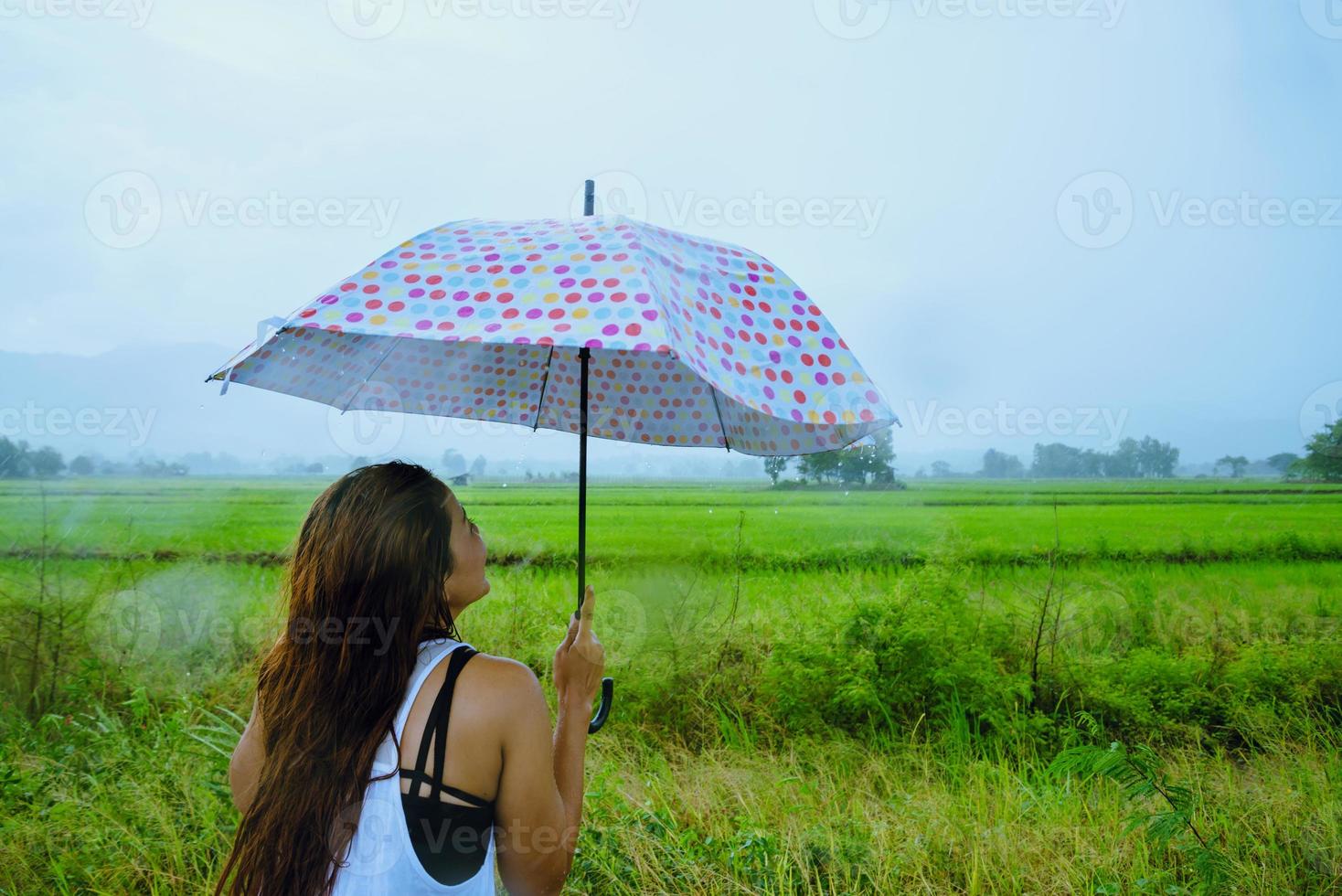 les femmes asiatiques voyagent se détendent pendant les vacances. les femmes se tenaient avec un parapluie sous la pluie heureuses et profitant de la pluie qui tombe. voyager à la campagne, rizières vertes, voyager en thaïlande. photo