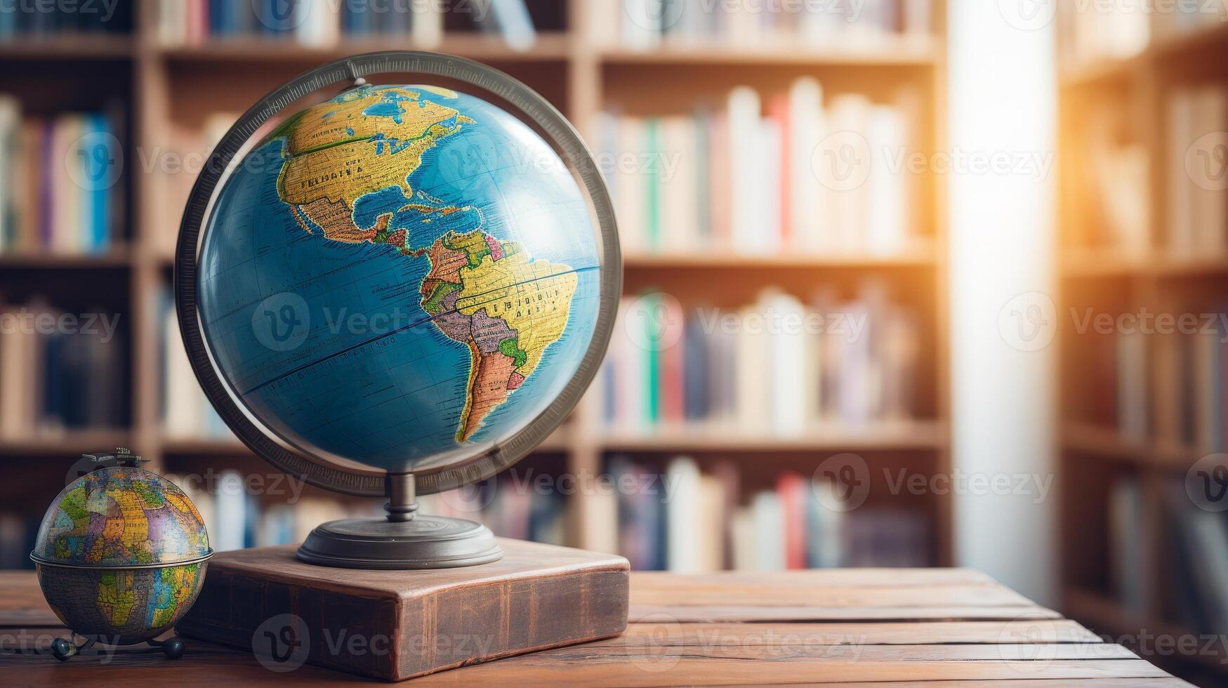 ai généré global éducation concept. monde globe avec pays des noms, multilingue livres sur flou Contexte photo