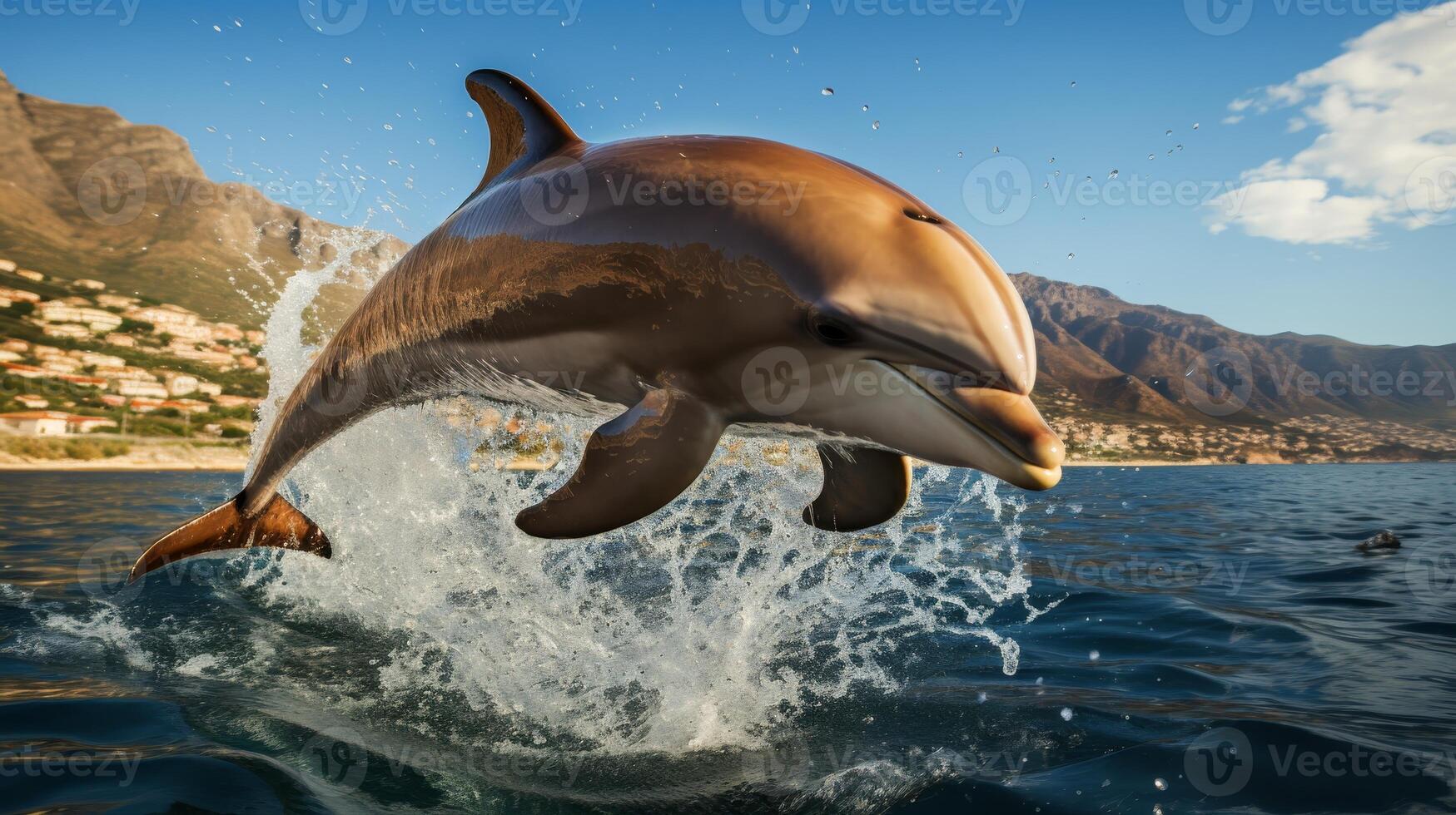 ai généré magnifique dauphin saut en dehors de l'eau avec ample copie espace pour texte et Contexte conception photo