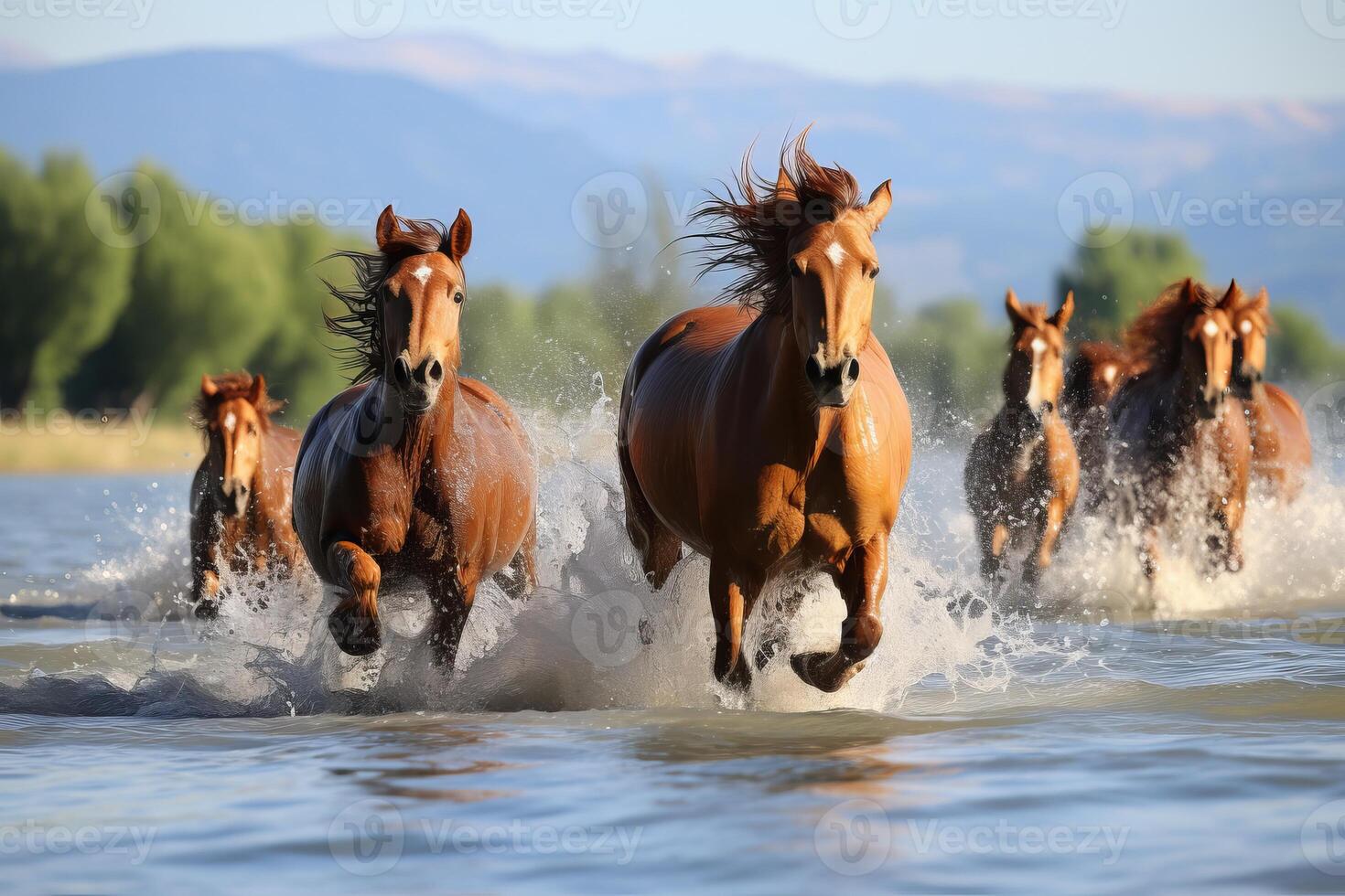ai généré les chevaux courses rivière, copie espace - json format. titre. les chevaux courses rivière, copie espace photo