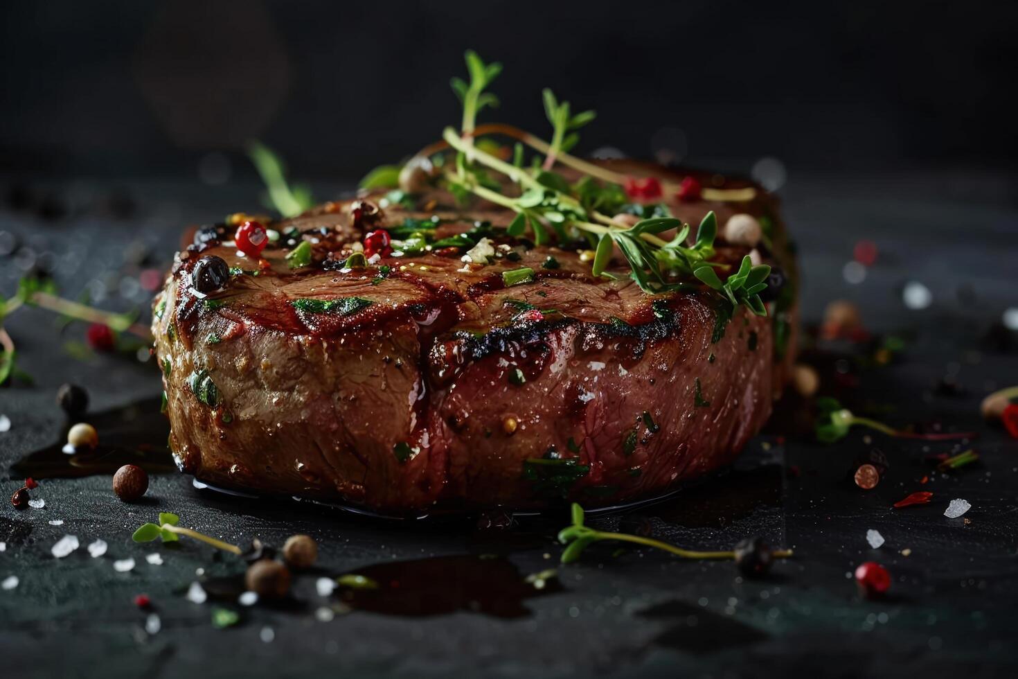 ai généré une gourmet cuit steak garni avec herbes et épices photo