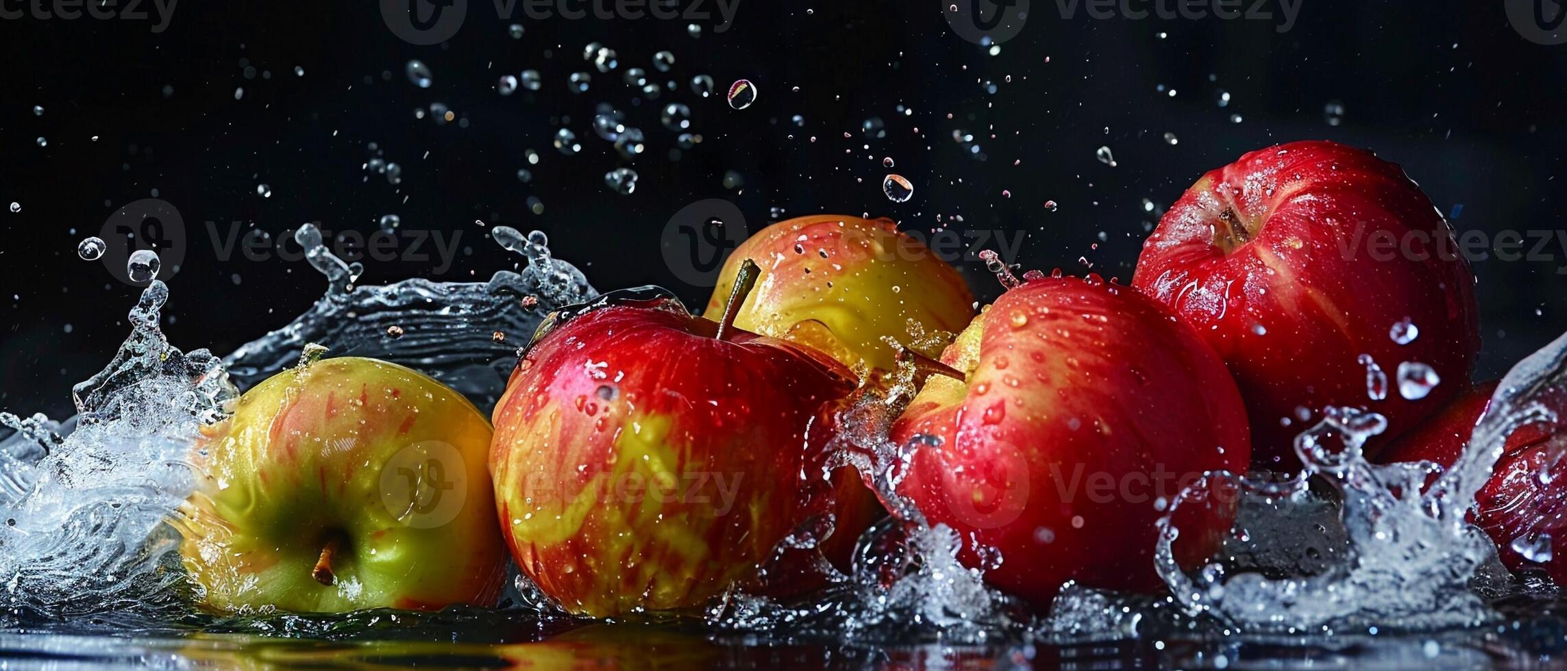 ai généré une nombreuses pommes avec une éclaboussure dans clair l'eau vivement coloré contre une foncé réglage photo