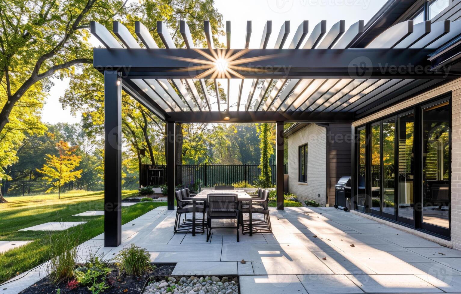 ai généré pergola fournit ombre et endroit à se détendre sur le patio. photo