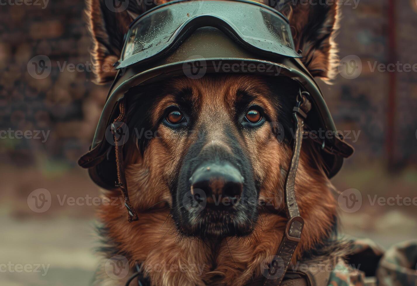 ai généré une allemand berger chien est séance suivant à une la personne portant une militaire uniforme photo