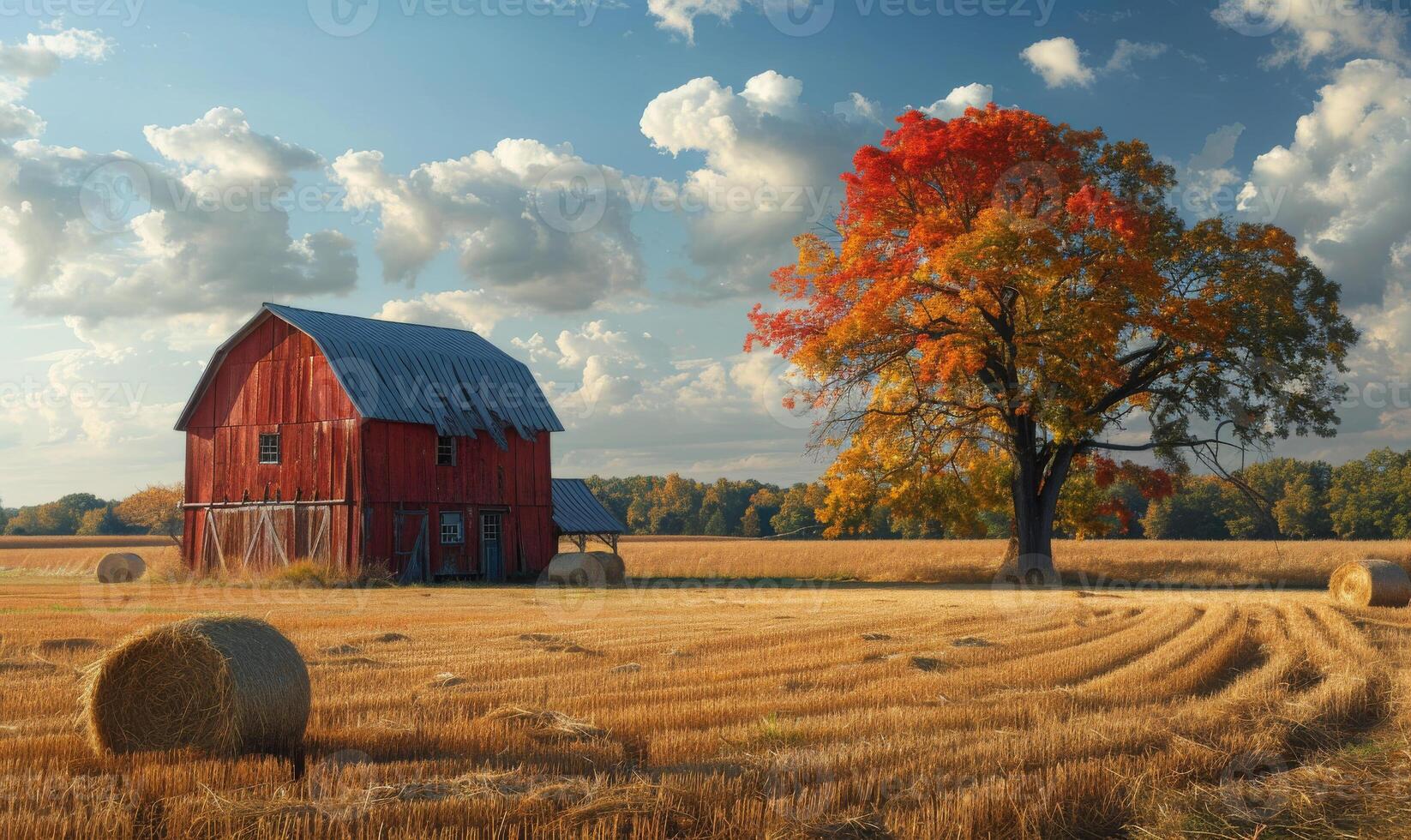 ai généré rouge Grange et érable arbre dans le tomber sur ferme photo