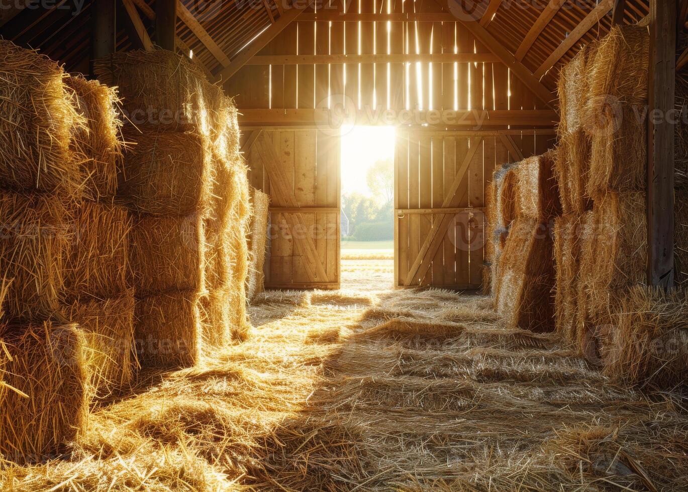 ai généré paille balles dans Grange à le coucher du soleil photo