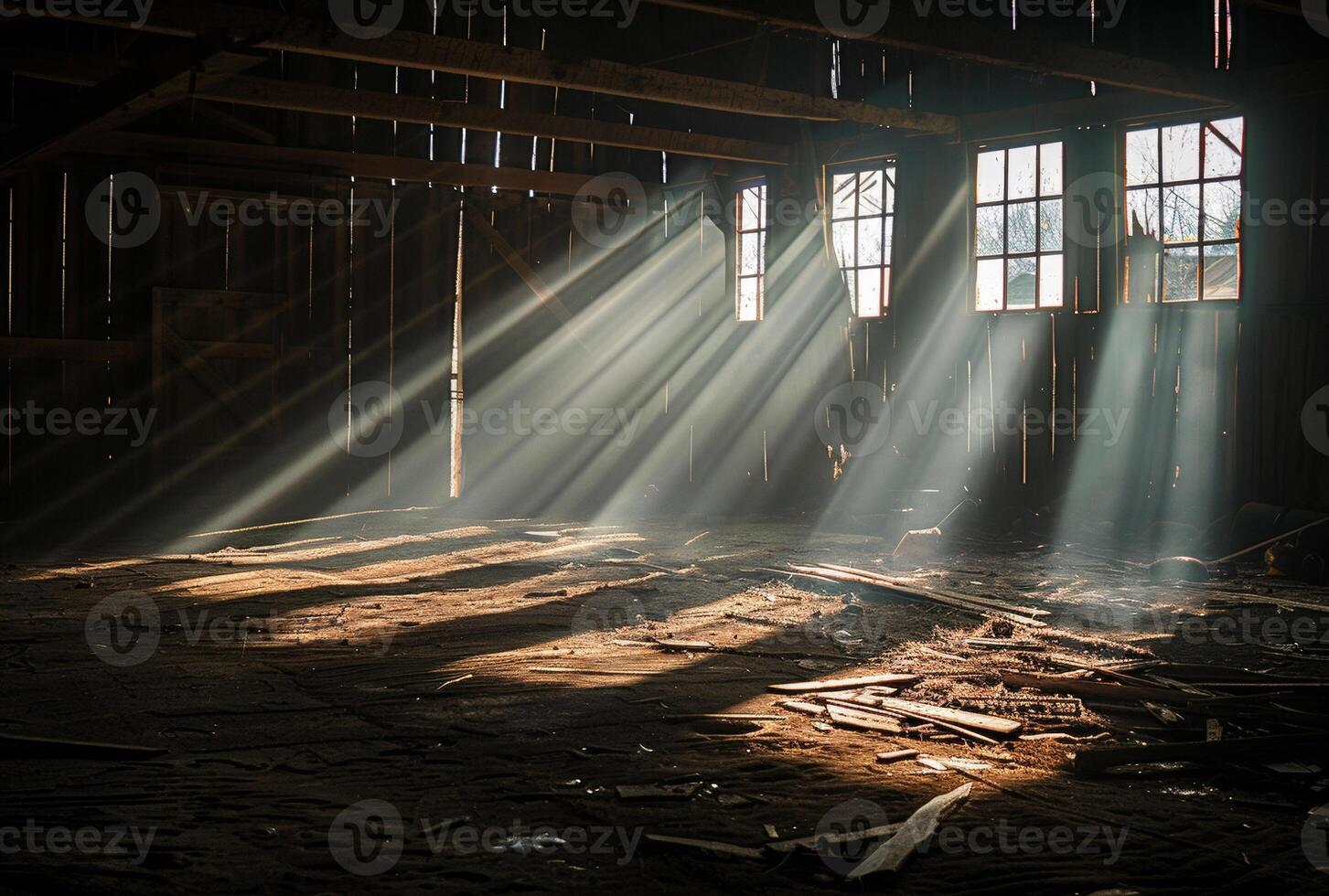 ai généré lumière du soleil ruisseaux par le les fenêtres de abandonné bâtiment photo