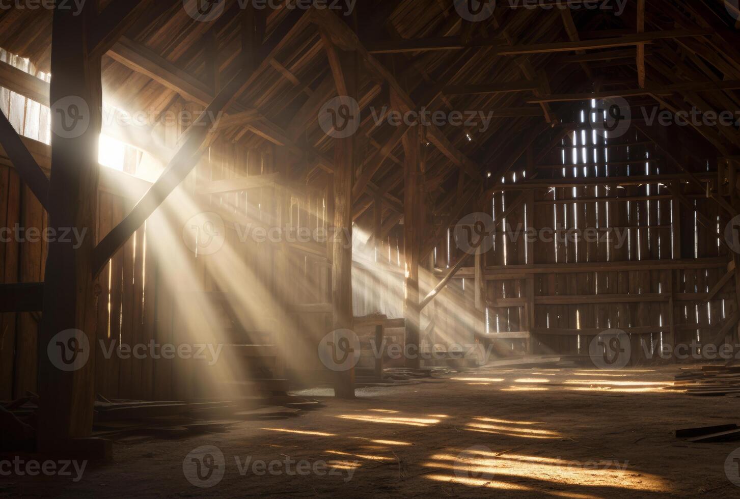 ai généré lumière du soleil ruisseaux par le toit de vieux Grange photo