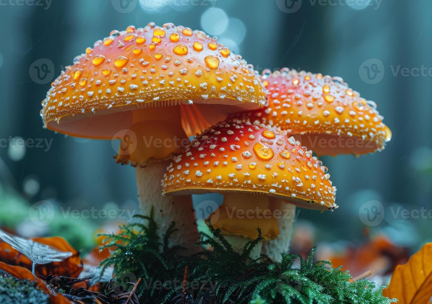 ai généré Trois Orange mouche agaric champignons sont couvert avec rosée gouttes dans le l'automne forêt. photo