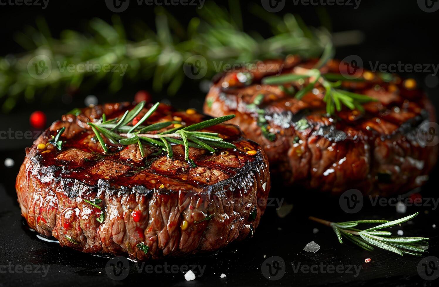 ai généré deux du boeuf galettes avec herbes asseoir sur certains noir sol photo