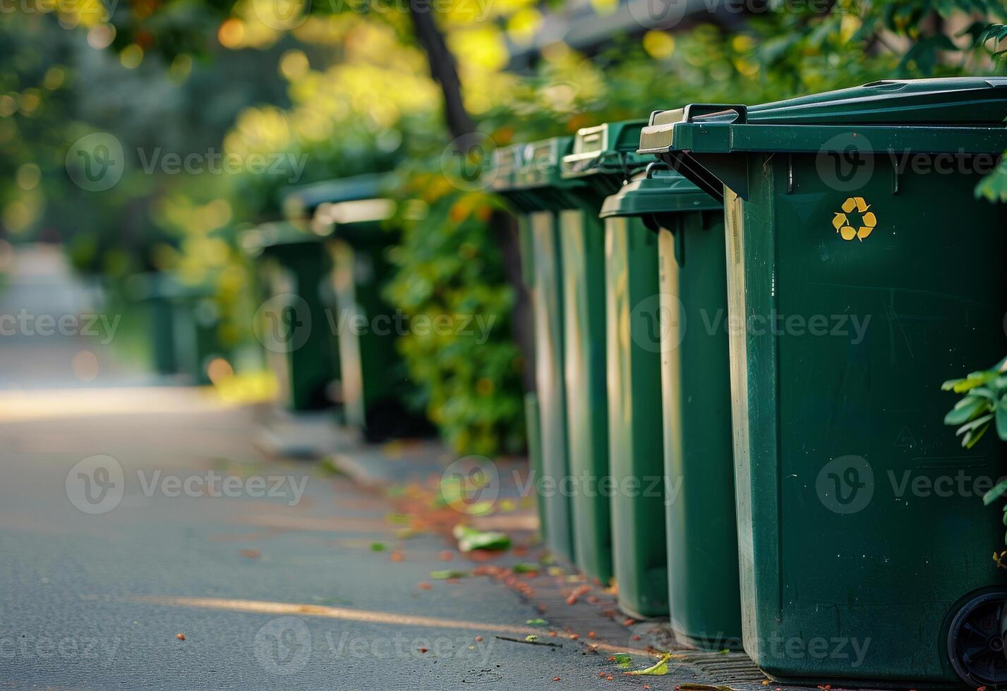 ai généré vert recyclage bacs doublé en haut le long de rue photo