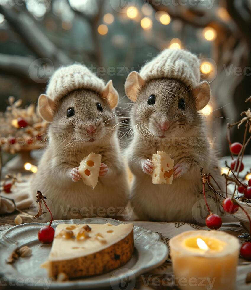 ai généré deux souris manger fromage près bougie et Noël arbre. photo
